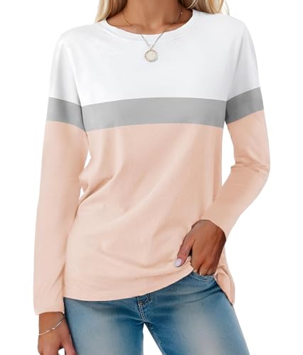 Long Sleeve Shirts for Women Color Block Tunic Tops Dressy Casual Round Neck Pullover Loose Fit Blouses