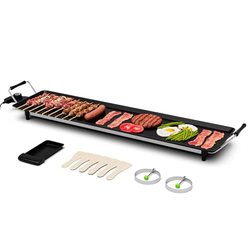 GiantexUK Teppanyaki Grill Table, 1800W Non-Stick Electric Barbecue Griddle with 6 Wooden Shovels and 2 Egg Rings, Adjustable Temperature Electric BBQ Hot Plate for Indoor Ourdoor (90 x 23 cm)