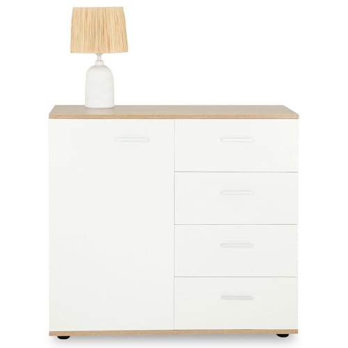 IDIMEX Buffet Salle à Manger Chicago L 91 cm en Bois Coloris Blanc et Sonoma avec 4 tiroirs et 1 Porte, Meuble Rangement pour Cuisine ou Salle à Manger