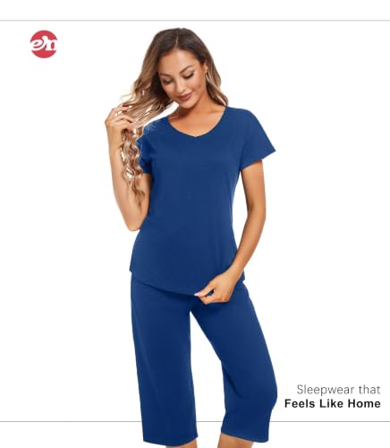 Image of ENJOYNIGHT Womens Pajama Sets Cotton Pj Set Short Sleeve Top With Capri Pants Sleepwear 2 Piece Lounge Set