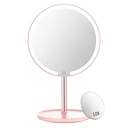 WEECOC Espejo de Maquillaje Iluminado Espejo LED Espejo de tocador con Luces Pantalla táctil Espejo de Mesa de Belleza Recargable Regulable de 3 Colores （Rosado）