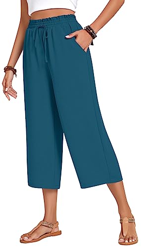 Image of Anyhold Women's Capri Pants Drawstring Casual Palazzo Trousers with Pockets Loose High Waisted Wide Leg Lounge Pants