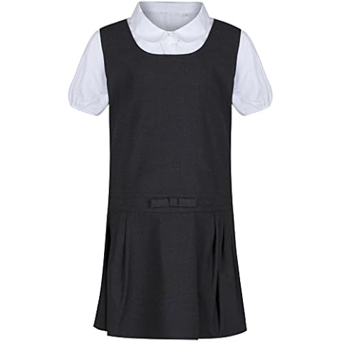 ex BHS (Ages 2-12 Girls School Pinafore with Blouse School Uniform Charcoal Grey & Navy (Regular & Generous Fit) Cover