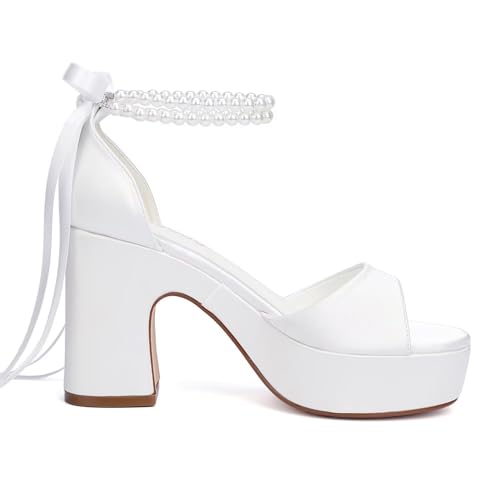 Platform Wedding Shoes for Bride Open Toe Bridal Shoes Pearl Heels Block Heel Wedding Sandals4