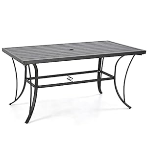 HAPPATIO Patio Dining Table for 6, Metal Steel Slat Patio Dining Table with Umbrella Hole Dia 2", Black Brown (60" x 35" x 28.5") HAPPATIO Patio Dining Table for 6 Metal Steel Slat Patio Dining Table with Umbrella Hole Dia 2 Black Brown 60 x 35 x 285