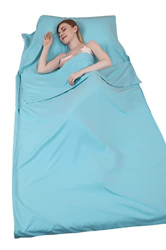 JITTY Sleeping Bag Liner 210x115cm Portable Lightweight Travel Sheet With Pillow Slot for Hotel Hostels Business Camping Backpacking Hiking Home(sky blue)