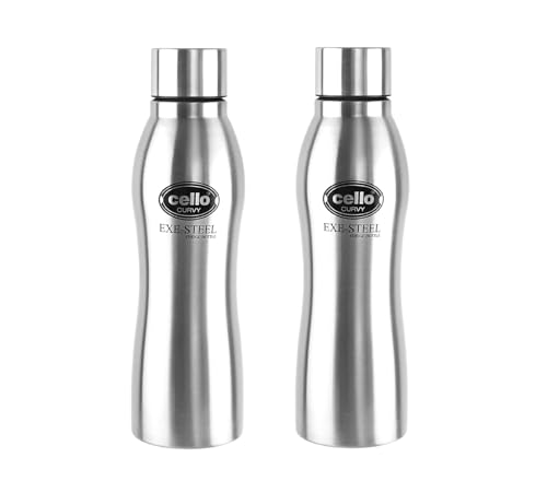 Image of CELLO New Curvy Stainless Steel Water Bottle for Office Set of 2 Pcs 1000ml Silver | Single Wall Freezer & Fridge Safe, Leak Proof Wide Mouth Easy to Clean, One Hand Grip Steel Water Bottle for Travel