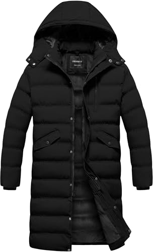 CREATMO US Mens Winter Coat Extra Long Thicken Padded Quilted Puffer Jacket Men's Waterproof Warm Thicken Ski Parka with Hood Black L