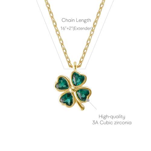 MUSTHAVE 18K Gold Plated Cubic Clover Good Luck Necklace with Message Card, Yellow Gold Color, Emerald, Lucky Charm, Anchor Chain, Size 16 inch + 2 inch Extender (Yellow Gold)2