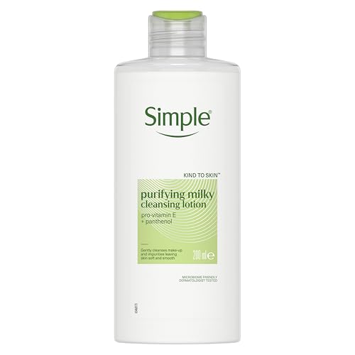 Simple Kind to Skin Purifying Cleansing Lotion - No-Rinse Face Cleanser and Makeup Remover For Sensitive Skin With Glycerin Vitamin B5 & E for Softer & Smoother Skin 200 ml