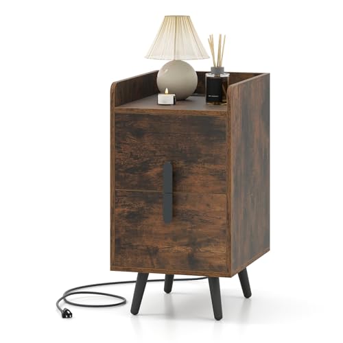 KOMFOTTEU Mesita de Noche con Estación de Carga, Mesilla Estrecha con 2 Cajones, Mesa Auxiliar con Patas Metálicas, Mesa Cabecera para Dormitorio, Salón, 40 x 32 x 60 cm (Marrón)