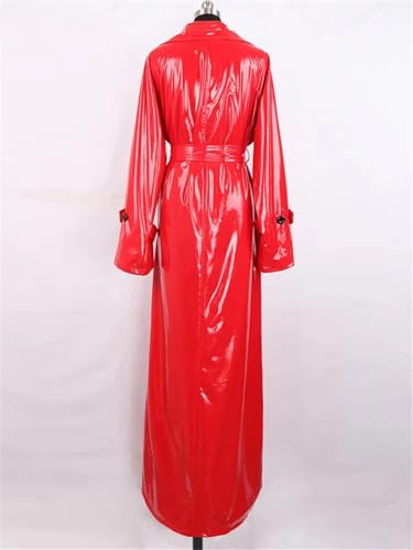 Womens Spring Extra Long Soft Red Reflective Shiny Leather Coat Double Breasted Maxi European Style Outerwear3