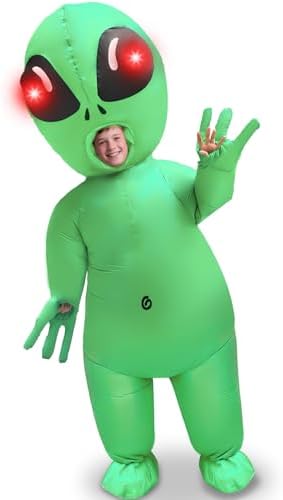 Camlinbo Halloween Inflatable Alien Costume with Red LED Eyes, Scary Alien Blow Up Costumes for Kids Boys, Full Body Green Inflatable for Cosplay Themed Parties