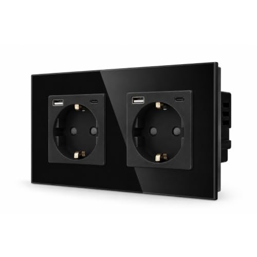 Toma de corriente doble de cristal negro con puertos de carga USB A+C