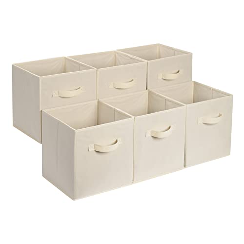 Amazon Basics Collapsible Fabric Storage Cube Bins Organizer with Handles, Sturdy, Beige, 13-x-13-x-13-inch, Pack of 6
