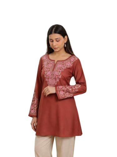 Image of QAZMI Women Aari Embroidered Viscose Rayon A-Line Full Sleeves Short Kurti