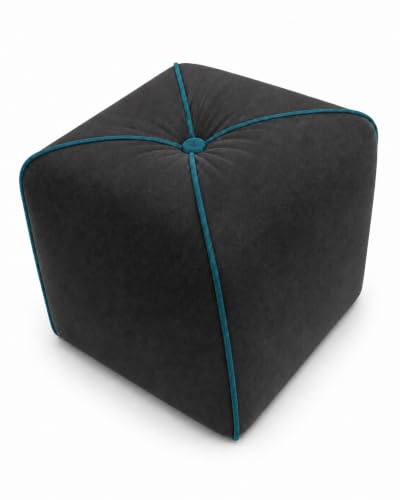 Image of FURNY Signature Regalia Suri Accent Pouf | Boston Fabric | 40D High-Density Foam | (Ash Grey with Ocean Blue Piping) | Footrest, Vanity Ottoman & Accent Seat for Home, Office & Hotel