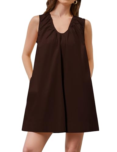 Image of OLAPTA Women Summer Sleeveless Babydoll Mini Tank Dresses Loose Fit Scoop Neck Ruched Short Dress with Pockets Party Clubwear