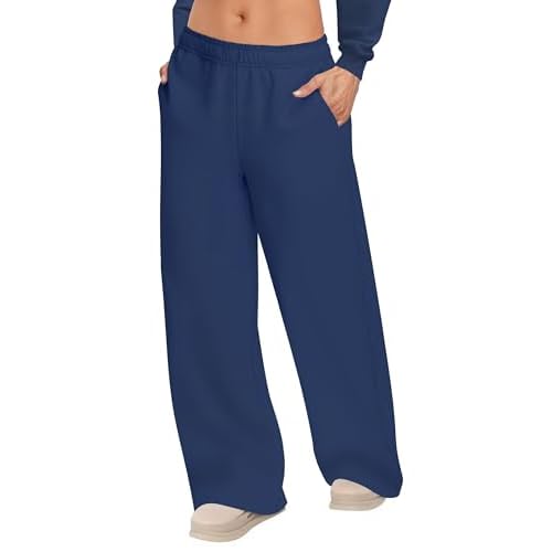 Womens Sweatpants Wide Leg Drawstring Workout Casual Baggy Pants High Waist with Pockets Navy Small