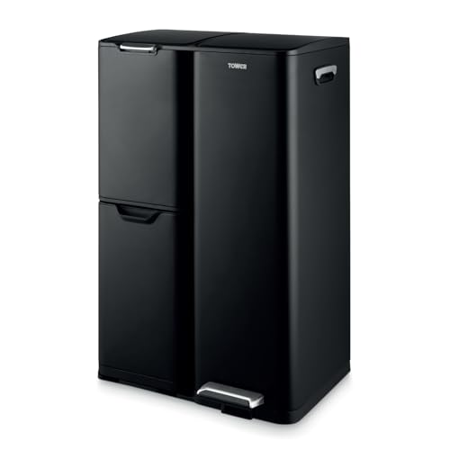Tower Recycling Pedal Bin Three Individual Compartments with Removable Inner Buckets Carbon Steel Body 60L Black