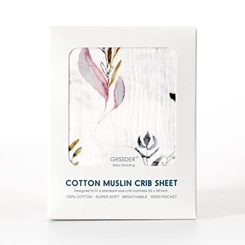 Image of GRSSDER Soft Muslin Crib Sheet 1 Pack, 100% Cotton Crib Sheets for Boys and Girls, Fit Standard Crib Mattresses 52 inch x 28 inch Safe and Snug, Stylish Watercolor Leaf Pattern