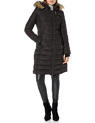 Nanette Lepore Women's Long Asymmetric Puffer Coat with Hood, Black, Large