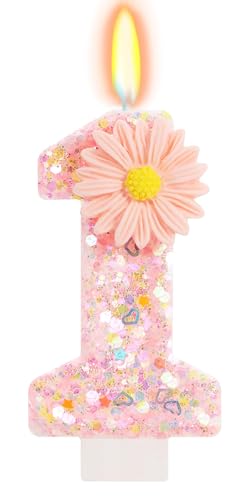 Vela número 1 rosa com flor margarida e purpurina, vela de aniversário para menina, decoração bolo 1 ano para bebé, velas de aniversário infantis originais para festas, aniversários e baby shower