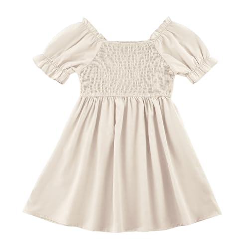 Girls Square Neck Dress Ruffled Puff Sleeve Smocked A Line Dresses 3-14 Years