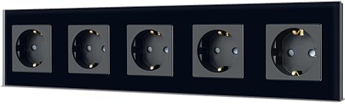 TAWOIA Schuko Steckdose, EU-Standard 5 Fach Glas Unterputz Steckdose 16Amp 250 V, Wandsteckdose mit Kristallglasplatte Schwarz 86×370mm
