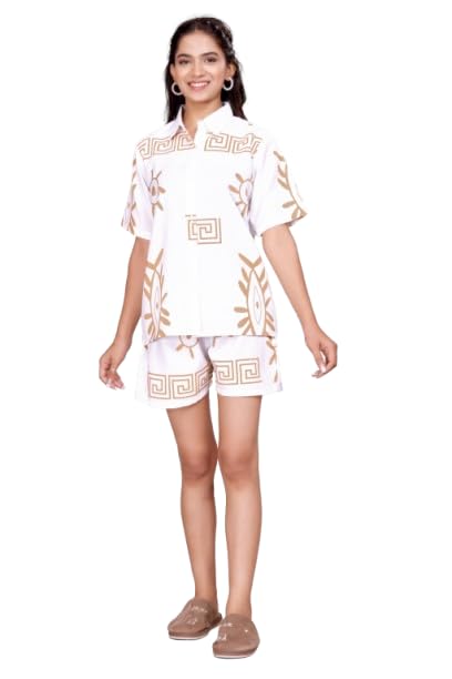 KAVATHIYA Women's Summer Printed Shirt and Shorts Set, Cotton Linen Blend, White with Beige Sun Pattern, Casual Beach Wear-picture-52