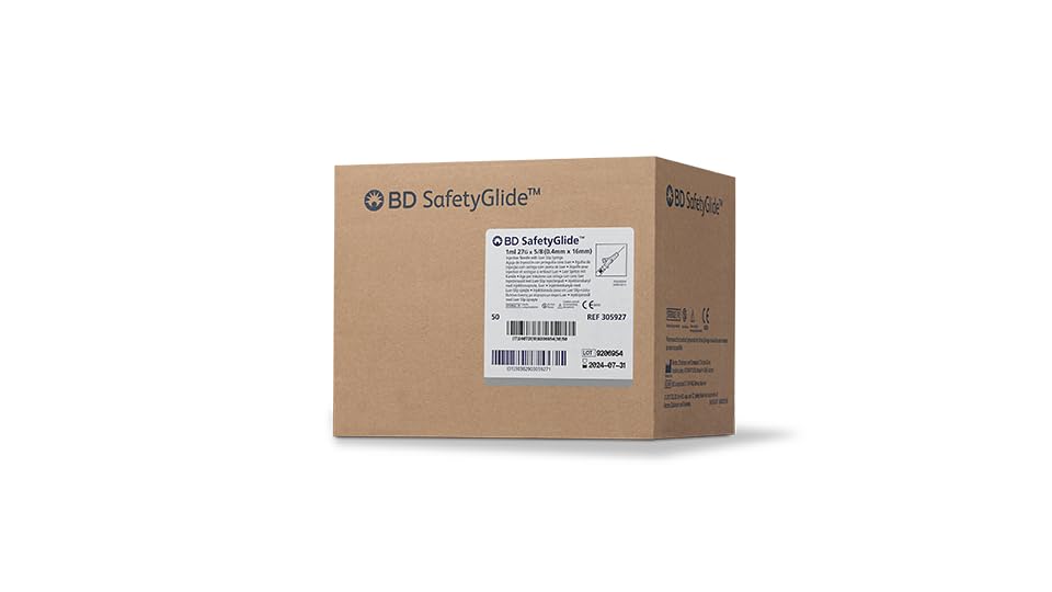 BD SafetyGlide Needle, 27 G x 5/8 in. with 1 mL Syringe, #305927, (50 Count)