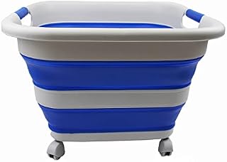 SAMMART 39L Collapsible Plastic Laundry Basket with Wheels-Foldable Pop Up Storage/Organizer-Portable Washing Tub-Space Saving Basket (1, Grey/Purplish Blue)