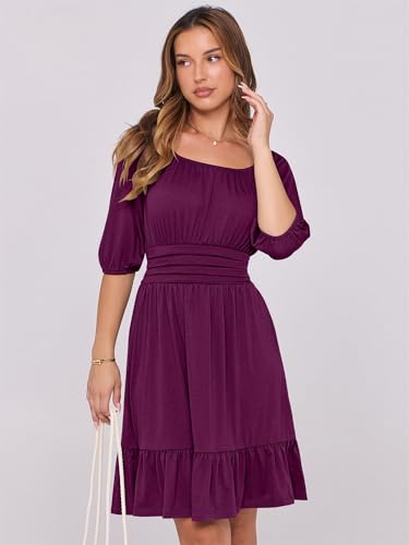 Image of ANRABESS Womens Lantern Short Sleeve Square Neck Casual Flowy Mini Dresses 2026 Holiday Summer Spring Beach Vacation Clothes