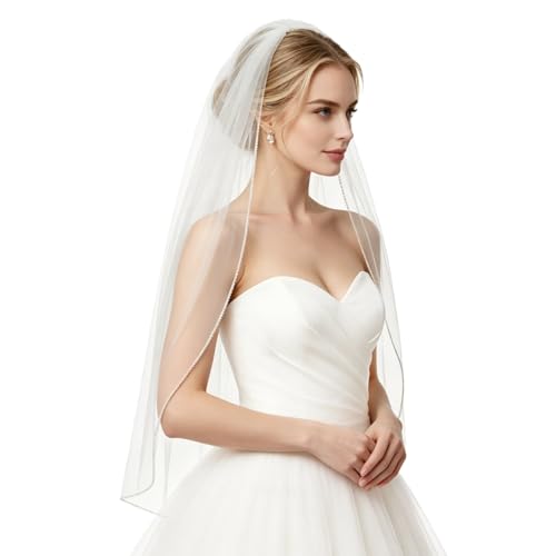GAODESI Hochzeitsschleier Perlen und Kristalle Perlenkante 1 Tier Fingerspitze Länge Brautschleier,...