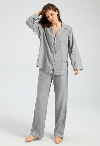 Image of Women's Pajama Set 100% Double Gauze Cotton Linen Like Super Soft Comfy Button Down Sleepwear (Long Sleeve, Medium Grey, Extra Large)