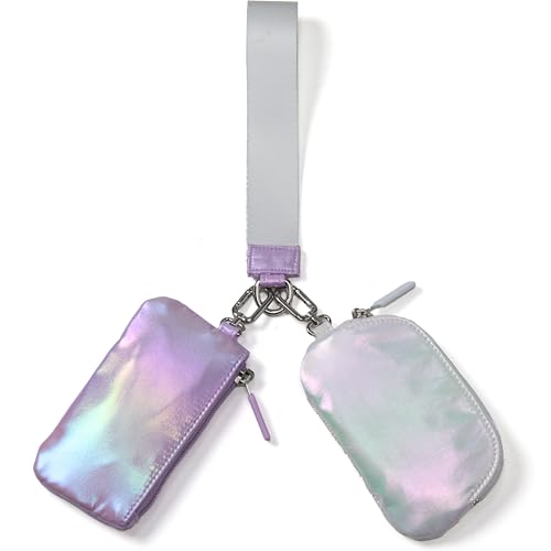 Pander Dual Pouch Wristlet Wallet for Women RFID Blocking 2-Piece Keychain Coin Purse Set Detachable Mini Pouch for Car Keys Gym & Travel Machine Washable Iridescent Purple + White