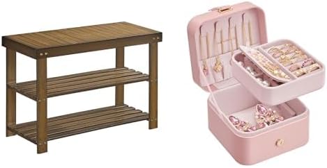 SONGMICS Shoe Rack Bench, 3-Tier Bamboo Shoe Storage Organizer, Jewelry Box, Travel Jewelry Case, ULBS04WL and UJBC185R02