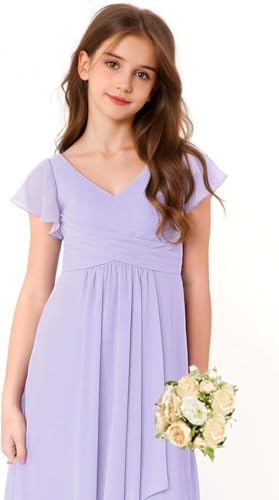 Chiffon V-Neck Prom Dress with Ruffles Junior Bridesmaid Dresses for Teen Girls Wedding & Party2