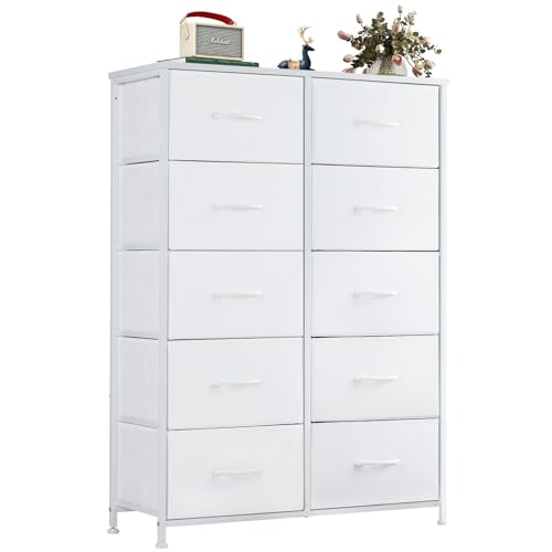 OLIXIS Dresser for Bedroom, Drawer Dresser Organizer Storage Fabric Storage Tower, Chest of Drawers with 10 Easy Pull Fabric Bins, Steel Frame, Wood Top for Living Room, Closet, Entryway, Hallway