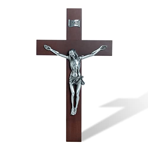 DCCXN Handmade Catholic Solid Wooden Wall Crosses,Crucifix Wall Crosses for Home Decor with Silver Jesus Christ-10 Inch