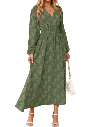 Image of Simplee Womens Boho Floral Long Sleeve Maxi Dress V Neck Empire Waist Fall Wedding Guest Dresses with Pockets