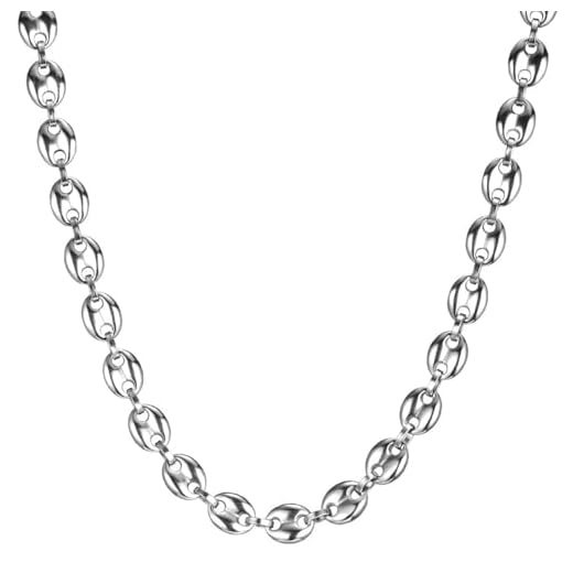 JENCVNL Chaine Maille Grain de Café Homme, 6/7/9/11mm Collier Café Chaîne en Acier Inoxydable Argent Élégant Collier Chaine pour Homme Garçon, Longueur 46/51/56/61/66cm (Argent-11mm, 56)