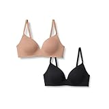Amazon Essentials Women's Cotton Jersey Lined Plunge Bralette, Pack of 2, Black/Washed Bronze, 34B