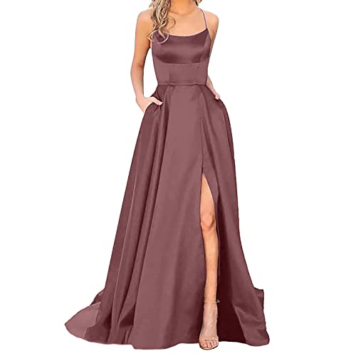 Damen Abendkleid Lang mit Schlitz - Satin Ballkleid Elegant Neckholder Kleider mit Taschen A-Linien Rückenfreies Spaghetti Sexy Abendkleider Lange...