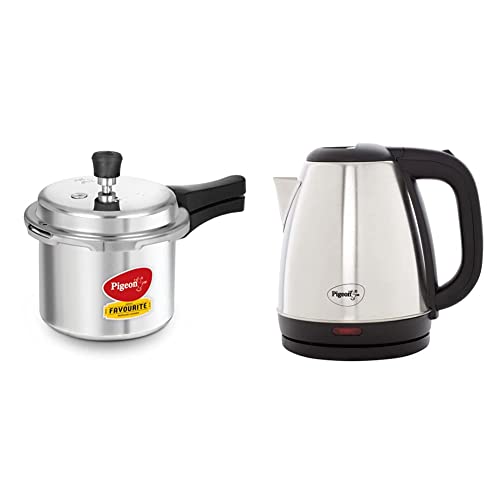 Image of Pigeon by Stovekraft Favourite Outer Lid Non Induction Aluminium Pressure Cooker, 3 Litres, Silver & Pigeon by Stovekraft Amaze Plus Kettle with Stainless Steel Body, 1.8 litres