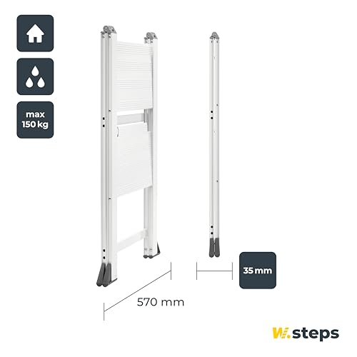 Weisse Alu Trittleiter Vikingstep Midi von W.Steps I 480mm hoch I Belastbar bis 150kg I Kompakte Aluminium Klapptrittleiter mit 2 Stufen I Nur 35mm breit I 3169011