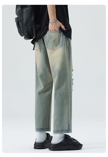 Jeans Pants Trouser Denim Spring Summer Straight Nine Point Piercing Street Handsome Casual Men4