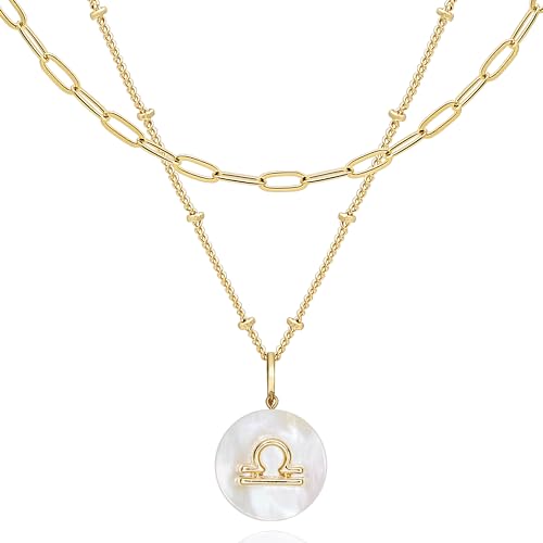 Zodiac Gold Sign on White Pearl & Shell Necklace - 2 Layered & Separate Chain with Dainty Disc Shell Pendant, Featuring 12 Constellations, Perfect Jewelry for Birthday Gifts