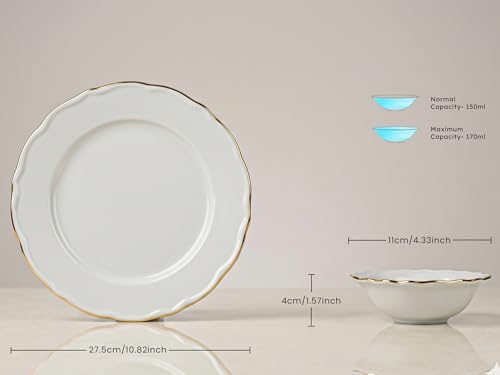Image of Bodhi House 12-Piece Gold Rim Porcelain Dinner Set | Plates & Bowls Set | Lightweight, Chip Resistant, | Dishwasher Safe | Ideal for Home Dining & Gifting Tableware Set | White