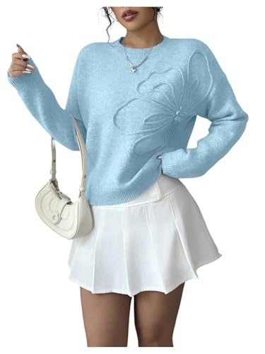 Image of RoseSeek Women's 3D Floral Appliques Crewneck Sweaters Long Sleeve Drop Shoulder Pullovers Elegant Knit Tops